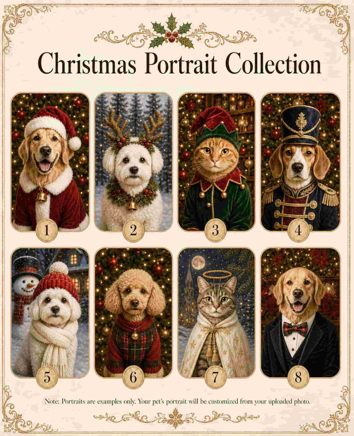 Christmas pet portrait artwork examples from the brooch gallery