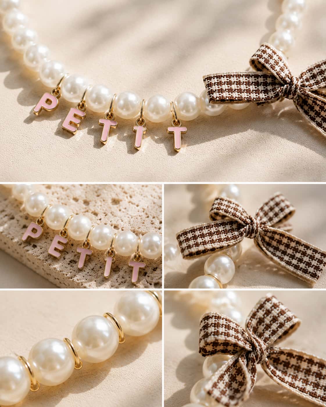 Close-up details of personalized pearl pet collar with custom letter charms