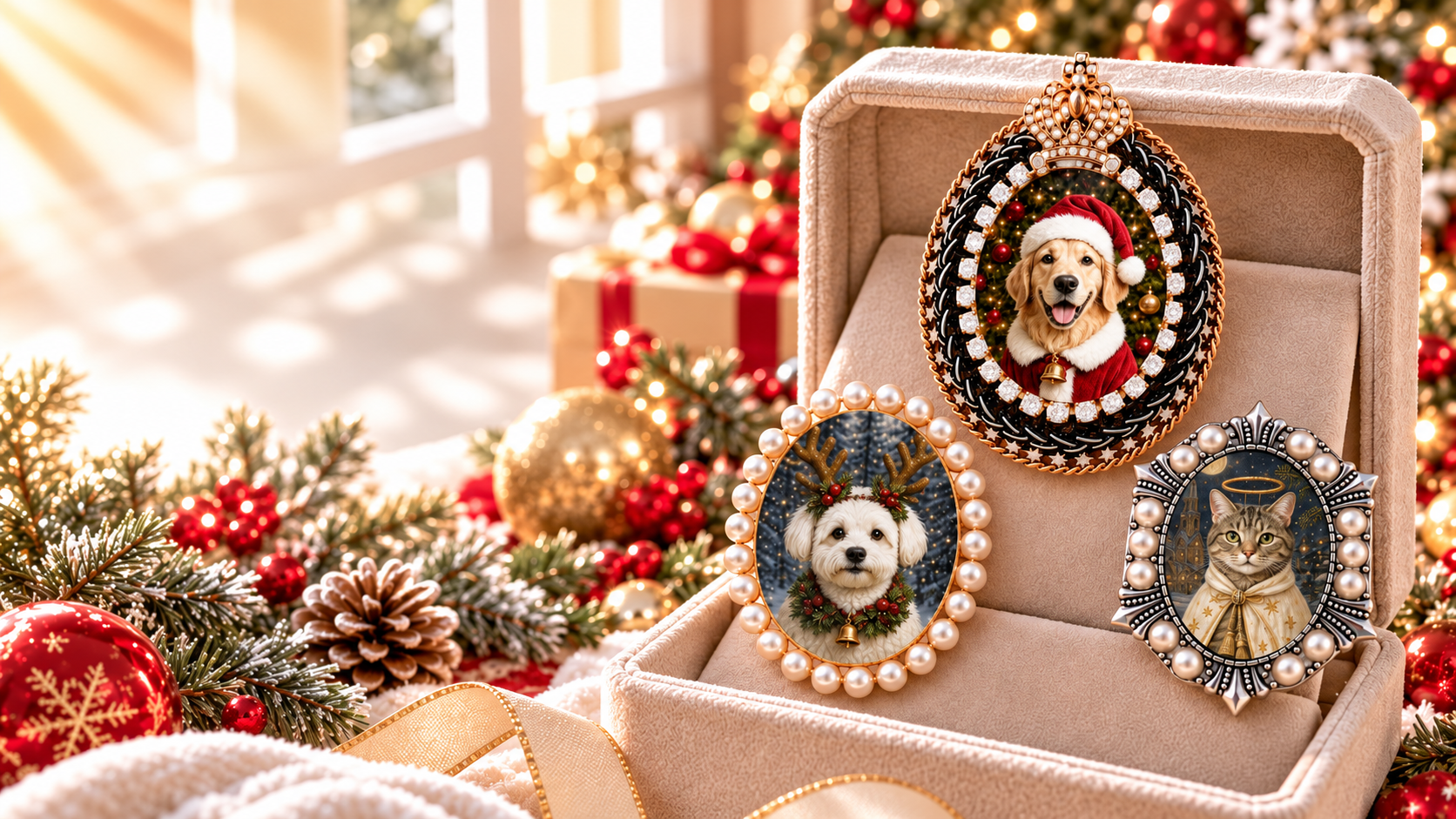 Three personalized Halloween pet portrait brooches in an ivory jewelry box