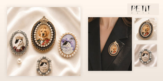 Petit Pets custom pet portrait brooch guide showing real Crystal Royal, Vintage Pearl, Pearl Frame, and Pearl Hex brooch designs after a pet photo upload.
