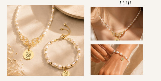 Petit Pets personalized pet angel wings pearl necklace and bracelet set made with a pet photo and engraved pet name.