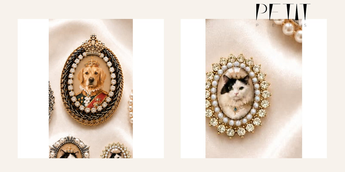Petit Pets Aurora and Crystal Royal custom pet brooch comparison using real brooch product photos.