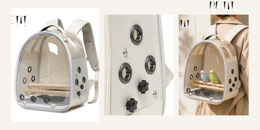 Petit Pets bird backpack carrier for short car rides using real product photos.