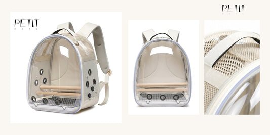 Petit Pets bird backpack carrier guide for cockatiels conures and budgies using real bird carrier product photos.