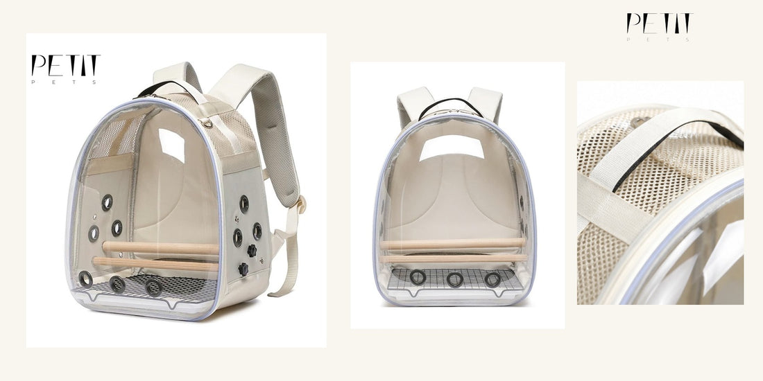 Petit Pets large bird backpack carrier short trip checklist using real carrier front, side and back product images.
