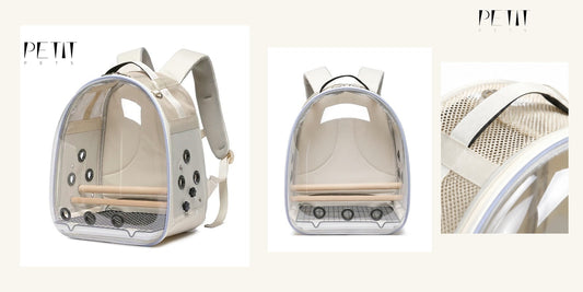 Petit Pets large bird backpack carrier short trip checklist using real carrier front, side and back product images.