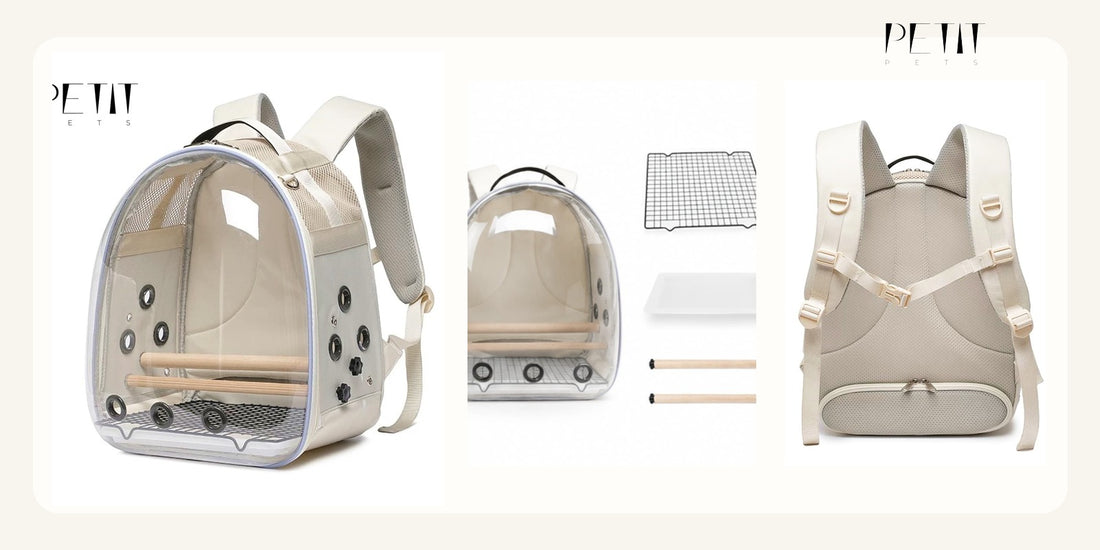 Petit Pets bird backpack carrier size guide using real product photos of the large bird travel backpack.