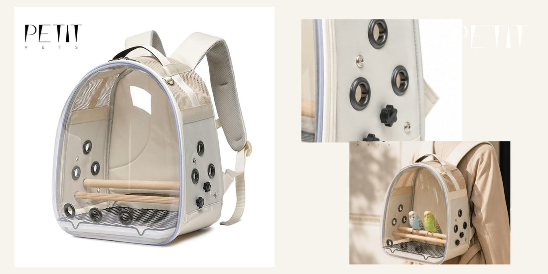 Petit Pets bird backpack carrier travel checklist using real carrier product photos.