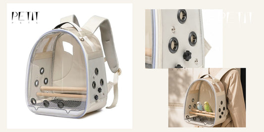 Petit Pets bird backpack carrier travel checklist using real carrier product photos.
