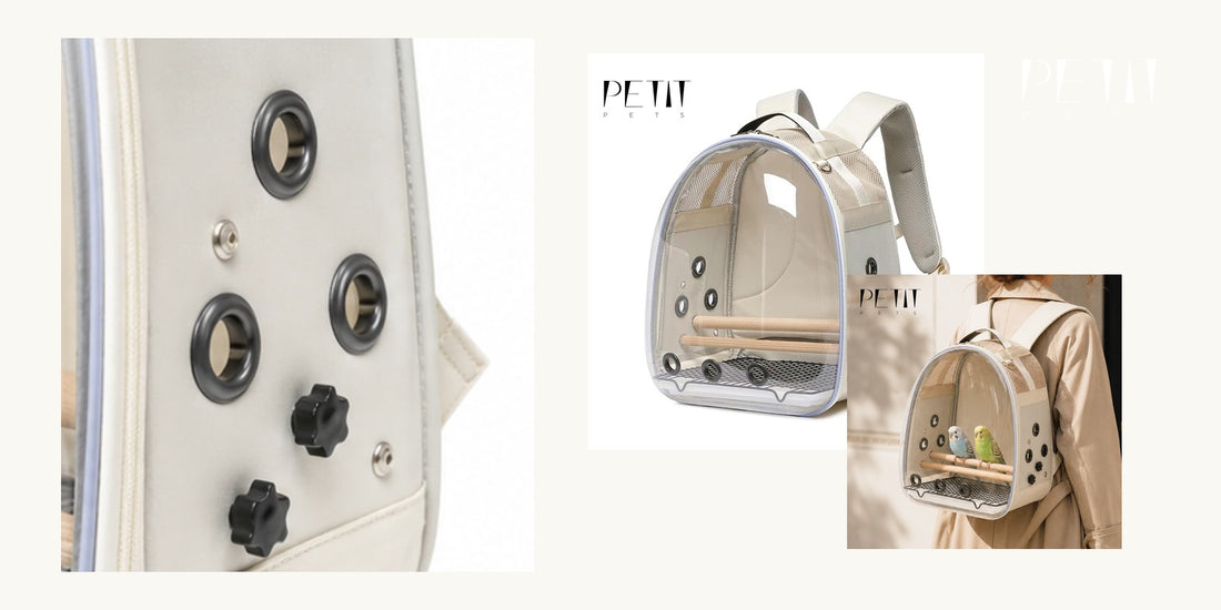 Petit Pets bird carrier for vet visits using real bird backpack product photos.