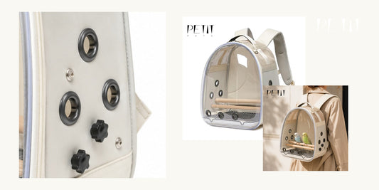 Petit Pets bird carrier for vet visits using real bird backpack product photos.