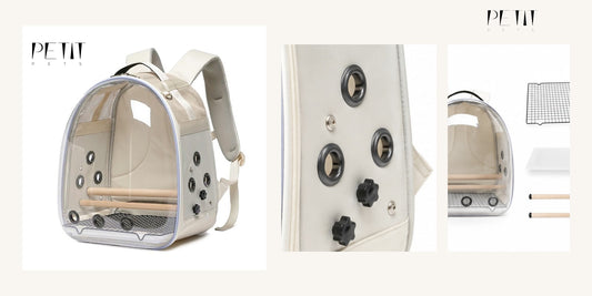 Petit Pets bird backpack carrier shown with its real removable tray, wooden perches, and travel-ready setup.