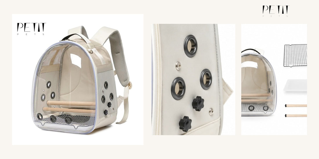 Petit Pets bird travel backpack setup guide using real product photos of perches airflow ports and removable tray.