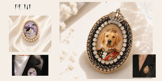 Petit Pets Crystal Royal and Pearl Frame custom pet brooch comparison using real product and wearing photos.