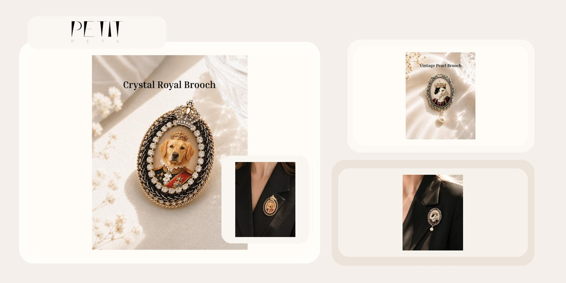 Petit Pets Crystal Royal and Vintage Pearl custom pet brooch comparison using real product and wearing photos.
