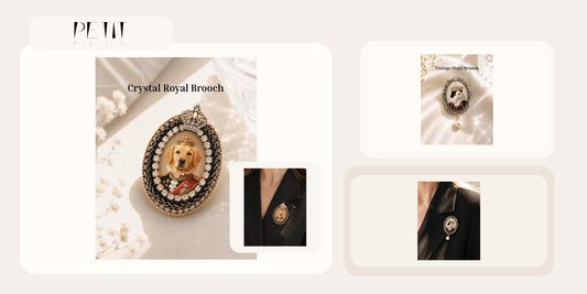 Petit Pets Crystal Royal and Vintage Pearl custom pet brooch comparison using real product and wearing photos.