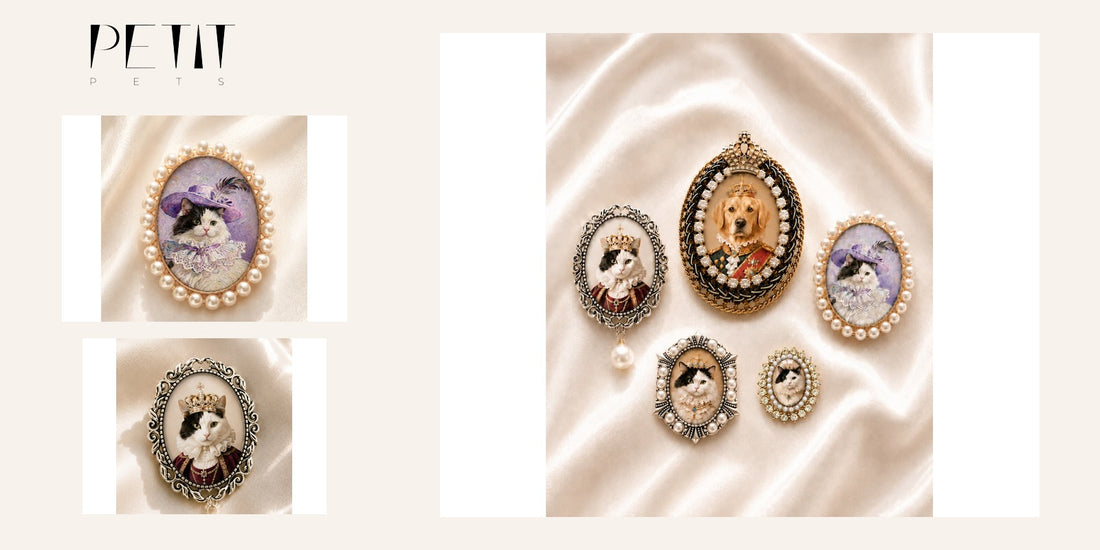 Real Petit Pets custom pet portrait brooch showing a cat portrait created from a pet photo.