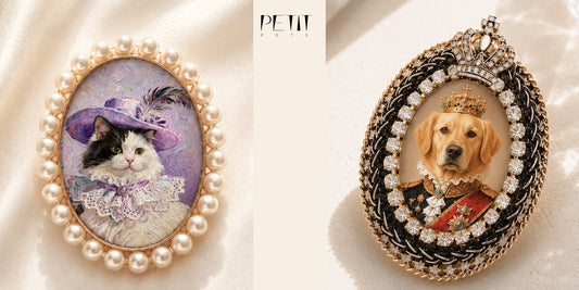 Real Petit Pets custom cat portrait brooch with a pearl frame worn on a jacket.