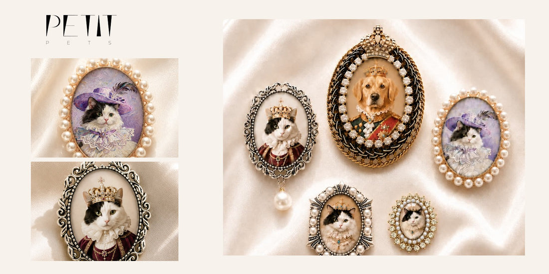 Petit Pets custom cat portrait brooch gift guide using the real five-style brooch image with cat brooch detail photos.
