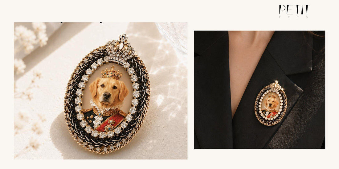 Petit Pets custom cat portrait brooch shown as a personal cat dad gift using a real cat photo-based product image.