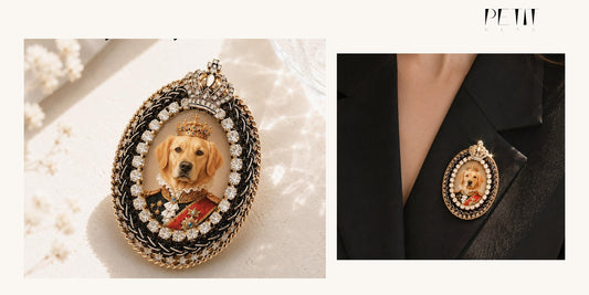 Petit Pets custom cat portrait brooch shown as a personal cat dad gift using a real cat photo-based product image.