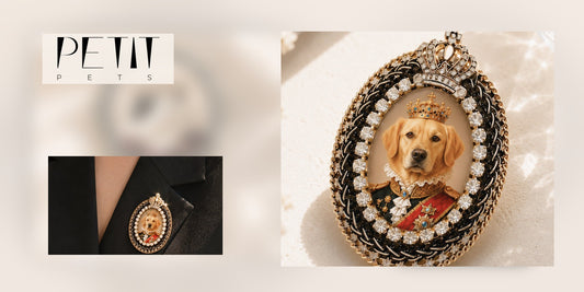 Petit Pets custom dog memorial brooch guide using real Crystal Royal brooch and wearing images.