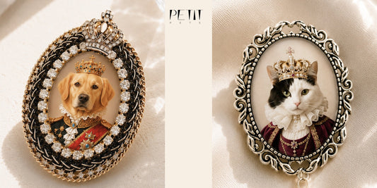 Real Petit Pets custom dog portrait brooch worn on a black jacket.