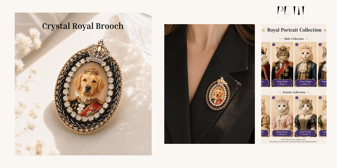 Petit Pets custom dog portrait brooch gift guide using real Crystal Royal and portrait brooch product photos.