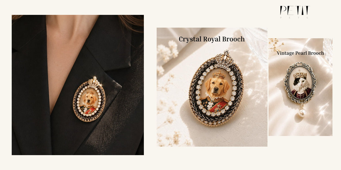 Petit Pets real custom pet portrait brooch in Crystal Royal style shown as a meaningful birthday gift for a pet lover.