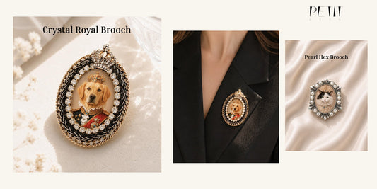 Petit Pets custom pet portrait brooch shown as a personal dog lover gift made from a favorite dog photo.