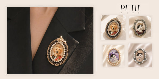 Petit Pets custom pet brooch gift guide featuring real Crystal Royal, Vintage Pearl, Pearl Frame, and Pearl Hex brooch designs.
