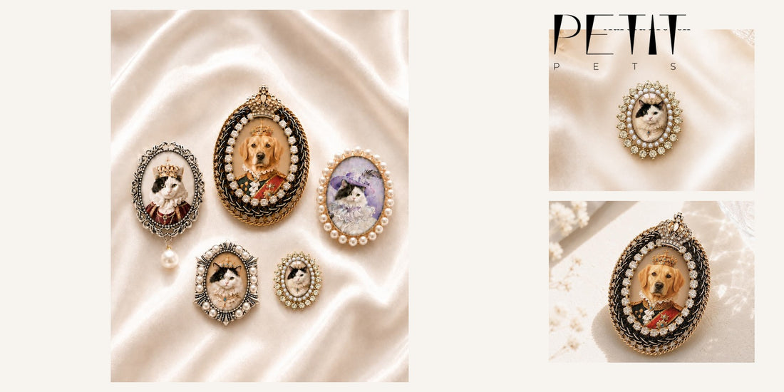 Petit Pets custom cat portrait brooch collection shown with real current brooch styles for a cat mom gift.