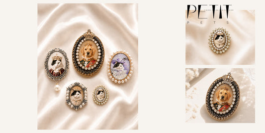 Petit Pets custom cat portrait brooch collection shown with real current brooch styles for a cat mom gift.