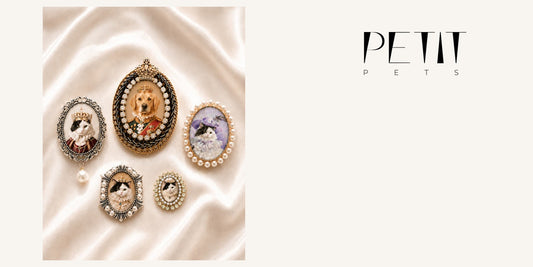 Petit Pets custom pet photo brooch style guide showing five real brooch designs including Aurora, Crystal Royal, Pearl Hex, Vintage Pearl and Pearl Frame.