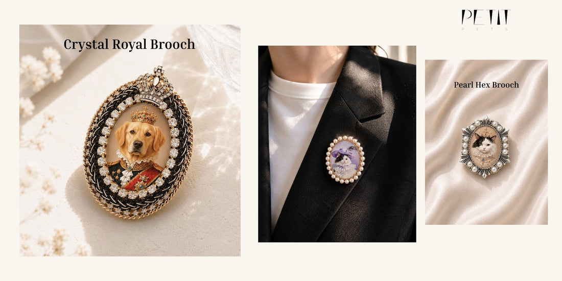 Petit Pets custom pet portrait brooch shown as a thoughtful personalized pet photo gift for a friend.