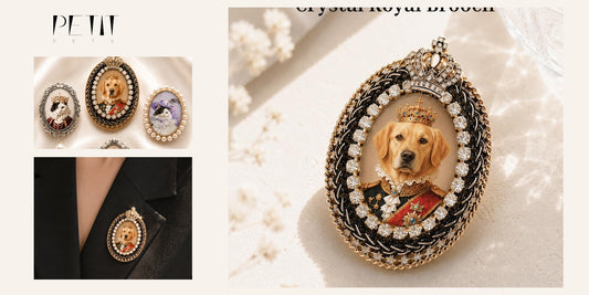 Petit Pets personalized pet portrait brooch shown as a thoughtful dog photo gift.