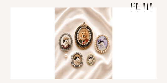Petit Pets custom pet portrait brooch shown as a personalized gift idea for a new dog owner.