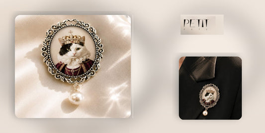 Petit Pets pet memorial gift brooch guide featuring a real Vintage Pearl custom pet portrait brooch and wearing detail.