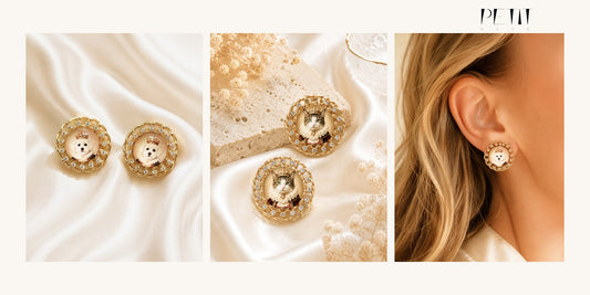 Petit Pets personalized pet photo earrings shown with a real custom dog and cat portrait jewelry gift example.