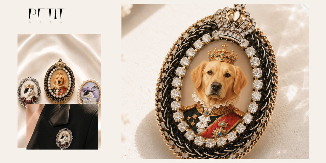 Real Petit Pets custom pet portrait brooch images arranged for a gentle pet loss gift guide, with Crystal Royal featured and memorial styling support.