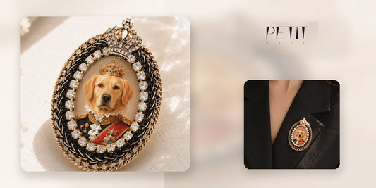 Petit Pets custom pet portrait brooch photo guide with Crystal Royal as the main brooch and a real detail crop for photo selection context.