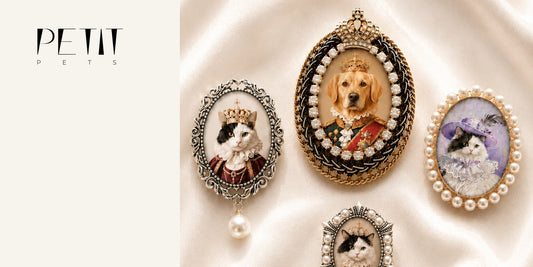 Real Petit Pets custom pet portrait brooch shown with available portrait style examples.