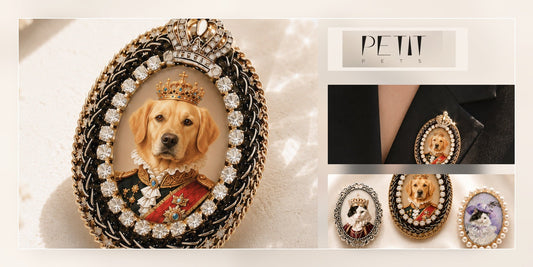Petit Pets custom pet portrait brooch style guide featuring the Crystal Royal Brooch with real four-design lineup and wearing detail.
