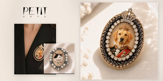 Petit Pets custom pet brooch size guide showing a real Crystal Royal brooch as the main statement style, a real Pearl Hex brooch as the compact option, and a real wearing example.