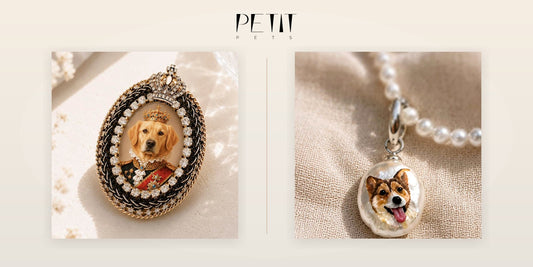 Petit Pets personalized pet jewelry comparison showing a real Crystal Royal custom pet brooch beside a real custom pet portrait pearl necklace.