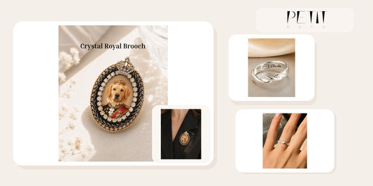 Petit Pets Custom Pet Portrait Brooch and Personalized Pet Memorial Mobius Ring comparison using real product photos.