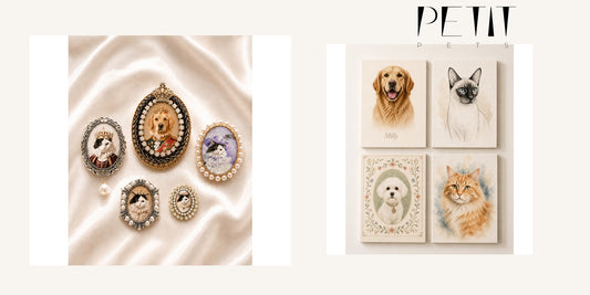 Petit Pets comparison of real custom pet portrait brooch and custom pet portrait canvas product images for personalized pet gifts.