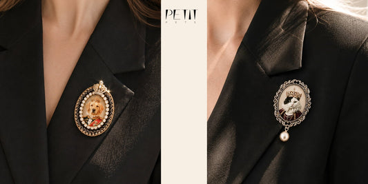Real Petit Pets custom pet portrait lapel pin style brooch worn on a black jacket.