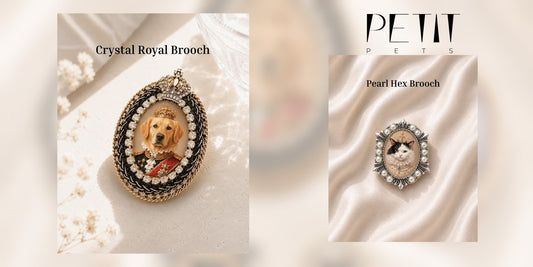 Petit Pets custom pet memorial brooch guide using real Crystal Royal and Pearl Hex brooch images.