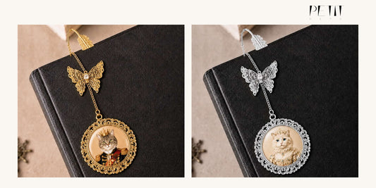 Petit Pets custom pet photo bookmark guide using real gold and silver bookmark product images.